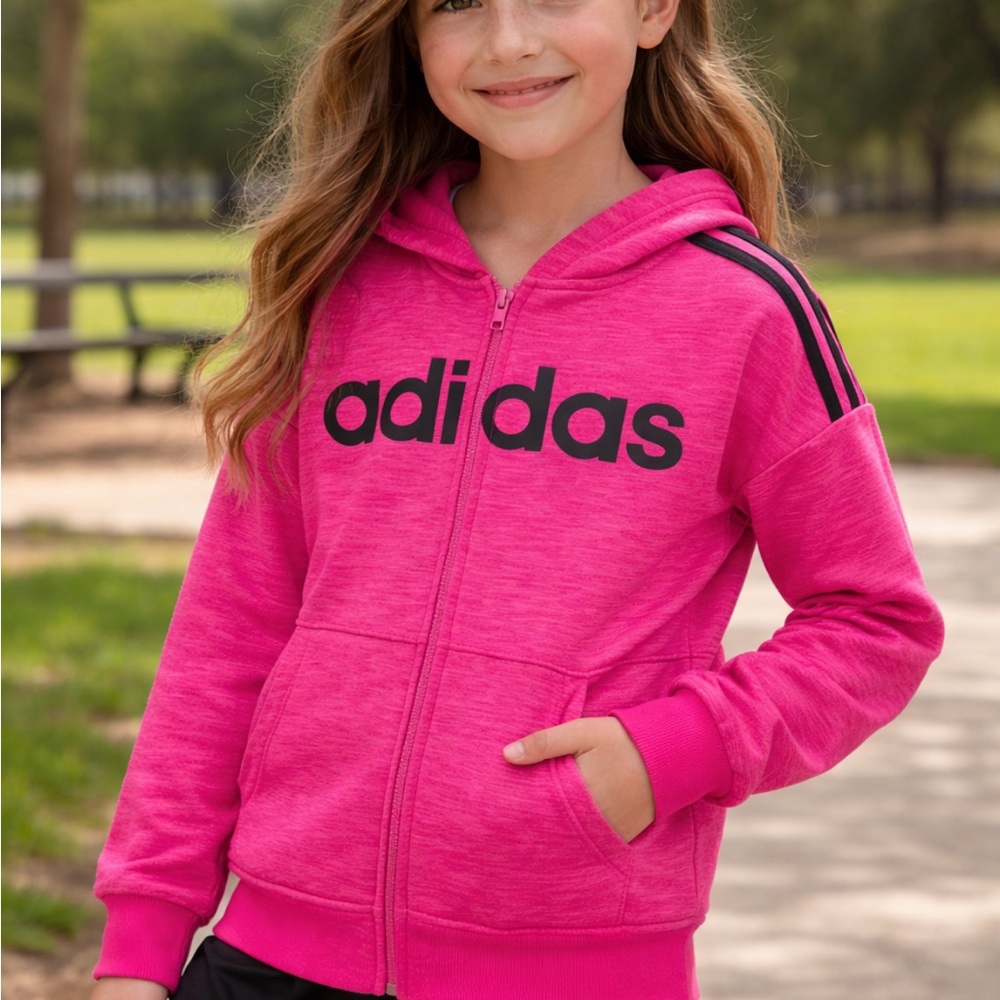 Adidas Girls 6X Pink Zip Up Hoodie Logo Athletic Jacket Youth 6X